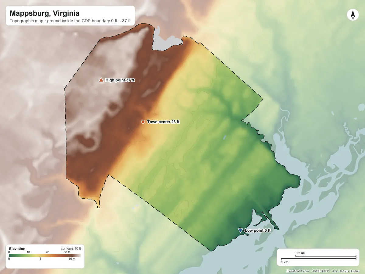 Topographic elevation map of Mappsburg, Virginia, shaded from 0 ft on the southeast side to 37 ft on the northwest side