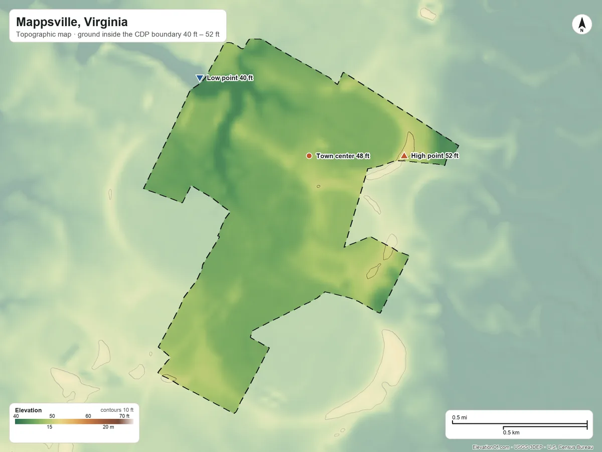 Topographic elevation map of Mappsville, Virginia, shaded from 40 ft on the northwest side to 52 ft on the east side