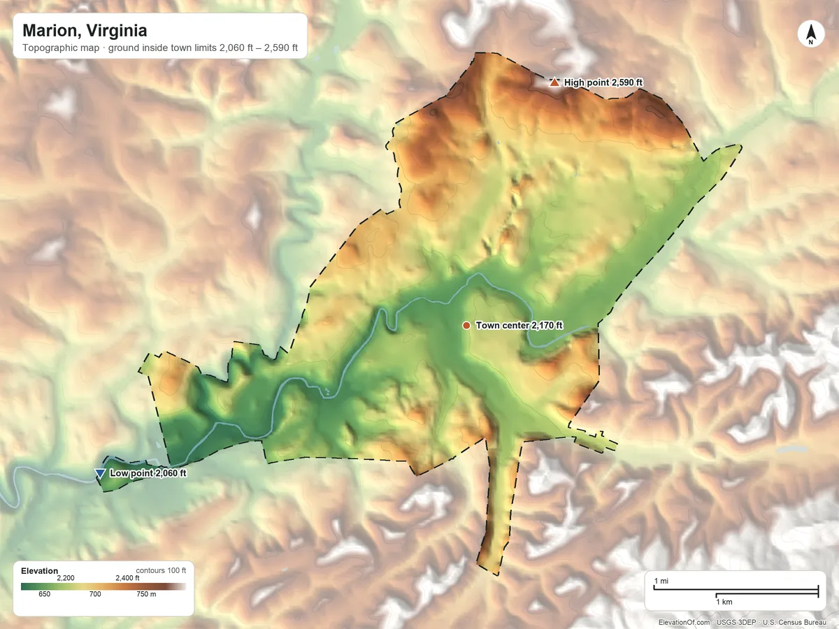Topographic elevation map of Marion, Virginia, shaded from 2,060 ft on the west side to 2,590 ft at the foot of the River Knobs