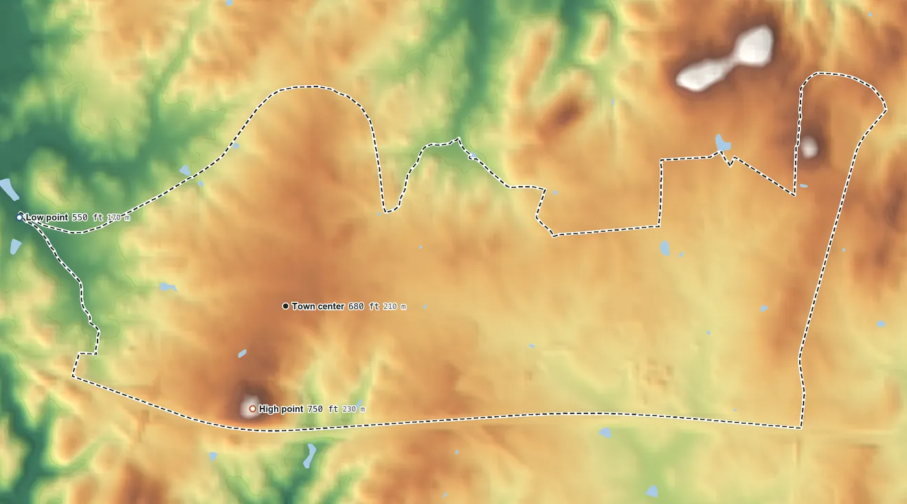 Topographic elevation map of Marshall, Virginia, shaded from 550 ft on the west side to 751 ft on Stephensons Hill