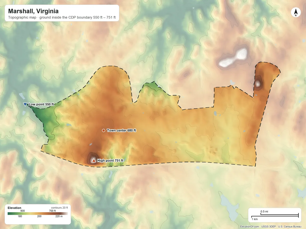 Topographic elevation map of Marshall, Virginia, shaded from 550 ft on the west side to 751 ft on Stephensons Hill