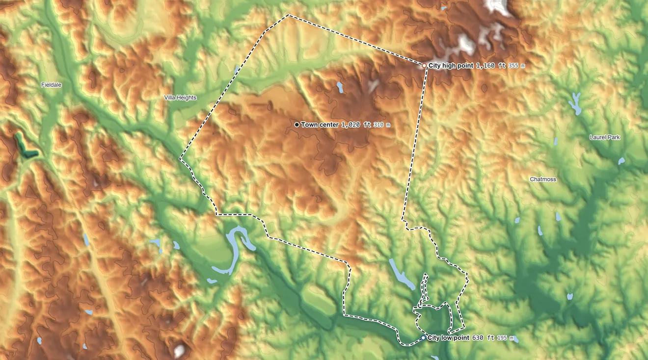 Topographic elevation map of Martinsville, Virginia, shaded from 630 ft on the southeast side to 1,160 ft on the northeast side