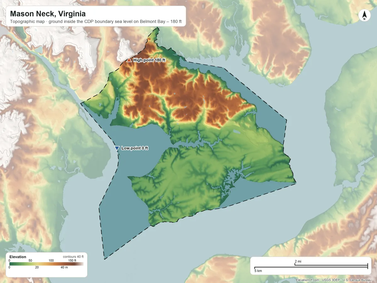 Topographic elevation map of Mason Neck, Virginia, shaded from sea level level on Belmont Bay to 180 ft on the northwest side