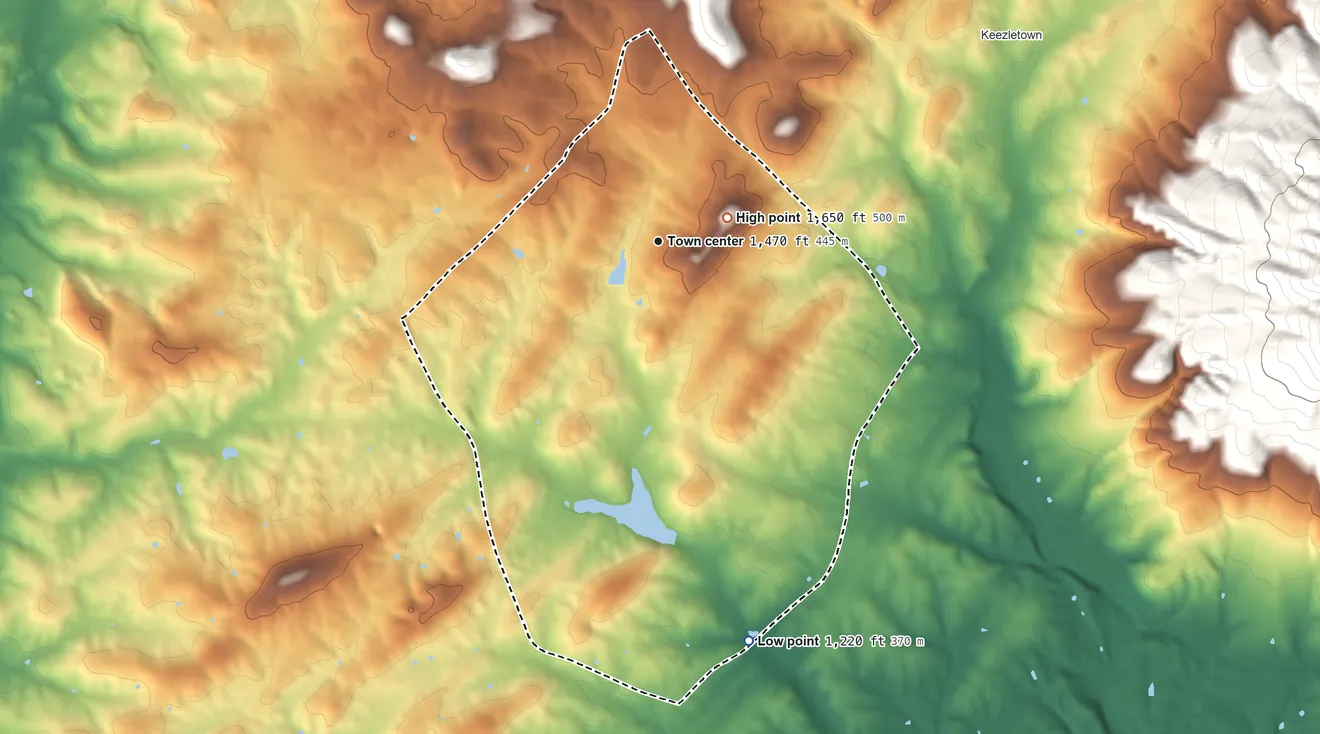 Topographic elevation map of Massanetta Springs, Virginia, shaded from 1,220 ft on the south side to 1,650 ft near the middle