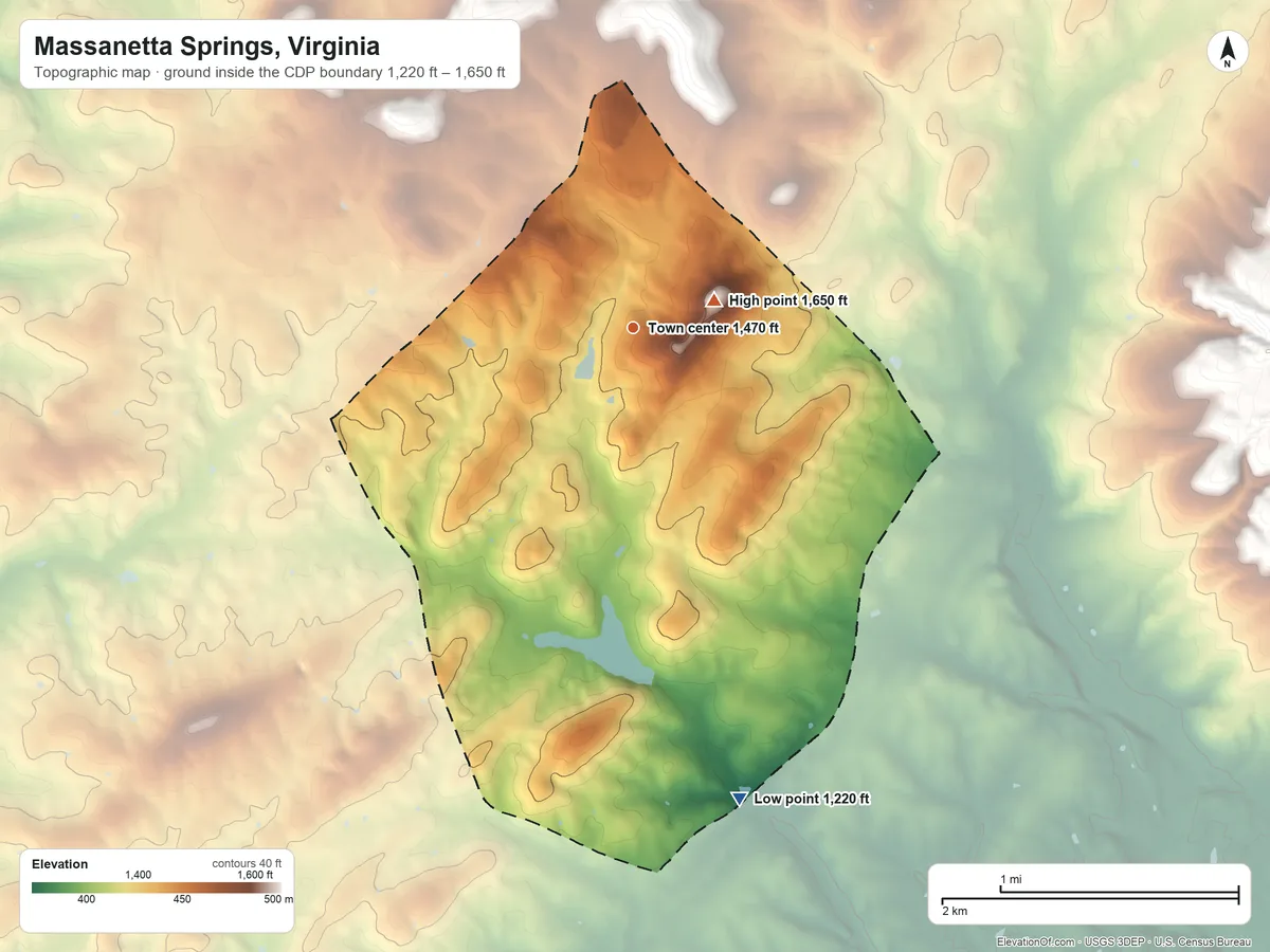 Topographic elevation map of Massanetta Springs, Virginia, shaded from 1,220 ft on the south side to 1,650 ft near the middle