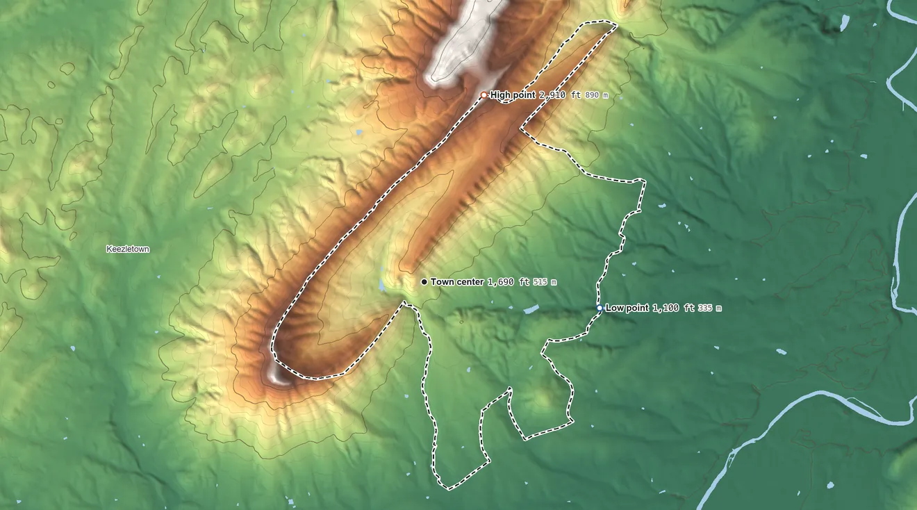 Topographic elevation map of Massanutten, Virginia, shaded from 1,100 ft on the east side to 2,910 ft on Kaylor Knob
