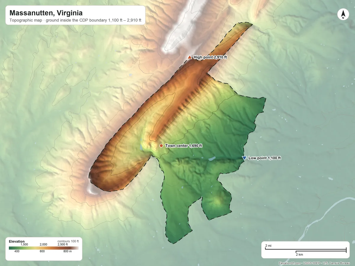 Topographic elevation map of Massanutten, Virginia, shaded from 1,100 ft on the east side to 2,910 ft on Kaylor Knob