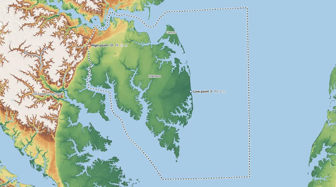Topographic elevation map of Mathews County, Virginia, shaded from sea level on Chesapeake Bay to 70 ft on the northwest side