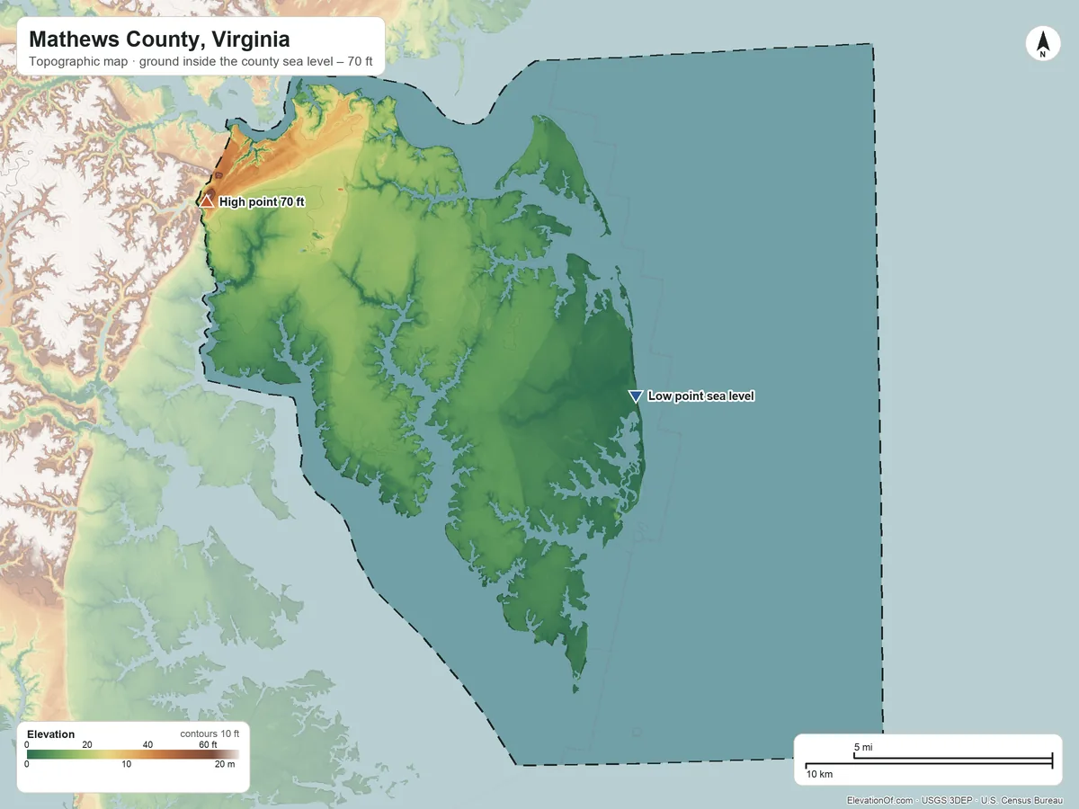 Topographic elevation map of Mathews County, Virginia, shaded from sea level on Chesapeake Bay to 70 ft on the northwest side