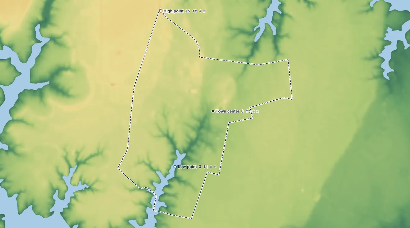 Topographic elevation map of Mathews, Virginia, shaded from 0 ft on the southwest side to 15 ft on the northwest side