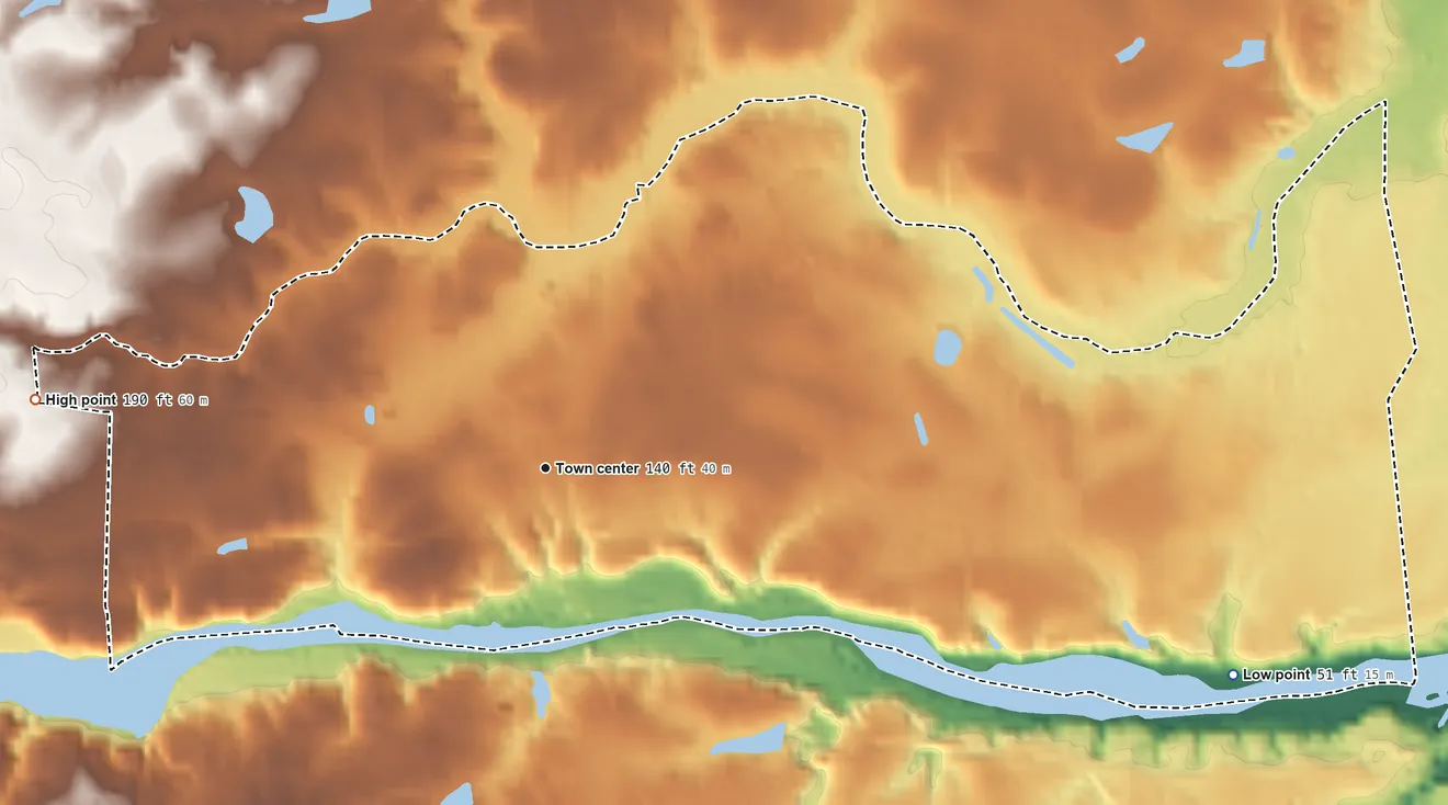 Topographic elevation map of Matoaca, Virginia, shaded from 51 ft on the east side to 190 ft on the west side