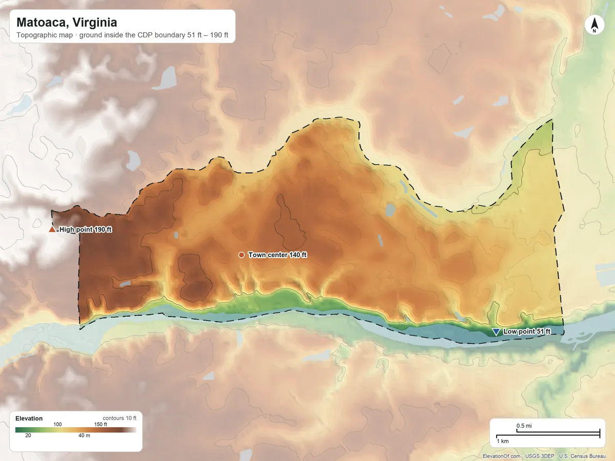 Topographic elevation map of Matoaca, Virginia, shaded from 51 ft on the east side to 190 ft on the west side