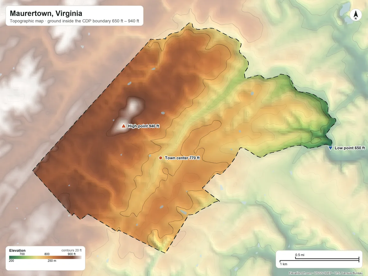 Topographic elevation map of Maurertown, Virginia, shaded from 650 ft on the east side to 940 ft on the northwest side