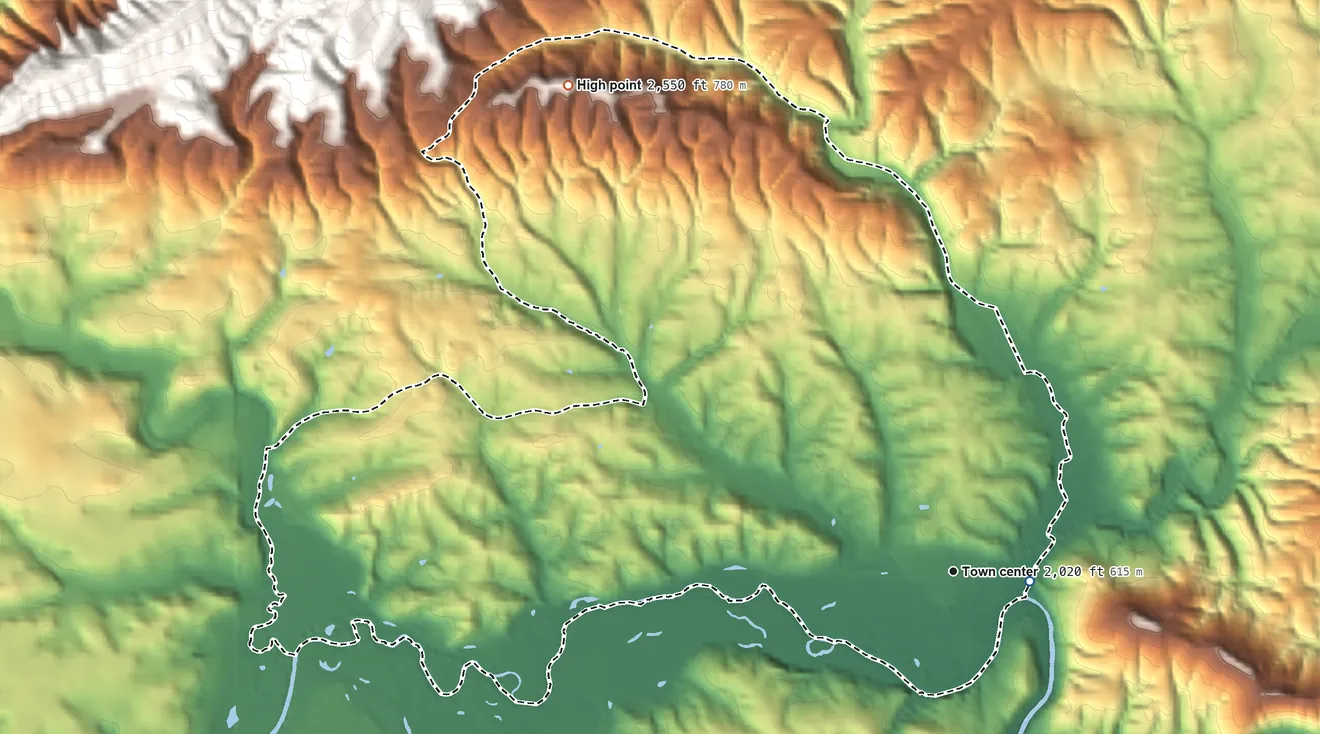 Topographic elevation map of Max Meadows, Virginia, shaded from 2,000 ft near the middle to 2,550 ft on the northwest edge, below higher ground just outside