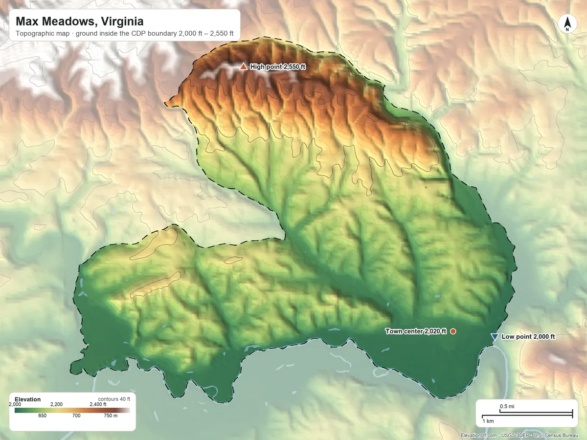 Topographic elevation map of Max Meadows, Virginia, shaded from 2,000 ft near the middle to 2,550 ft on the northwest edge, below higher ground just outside