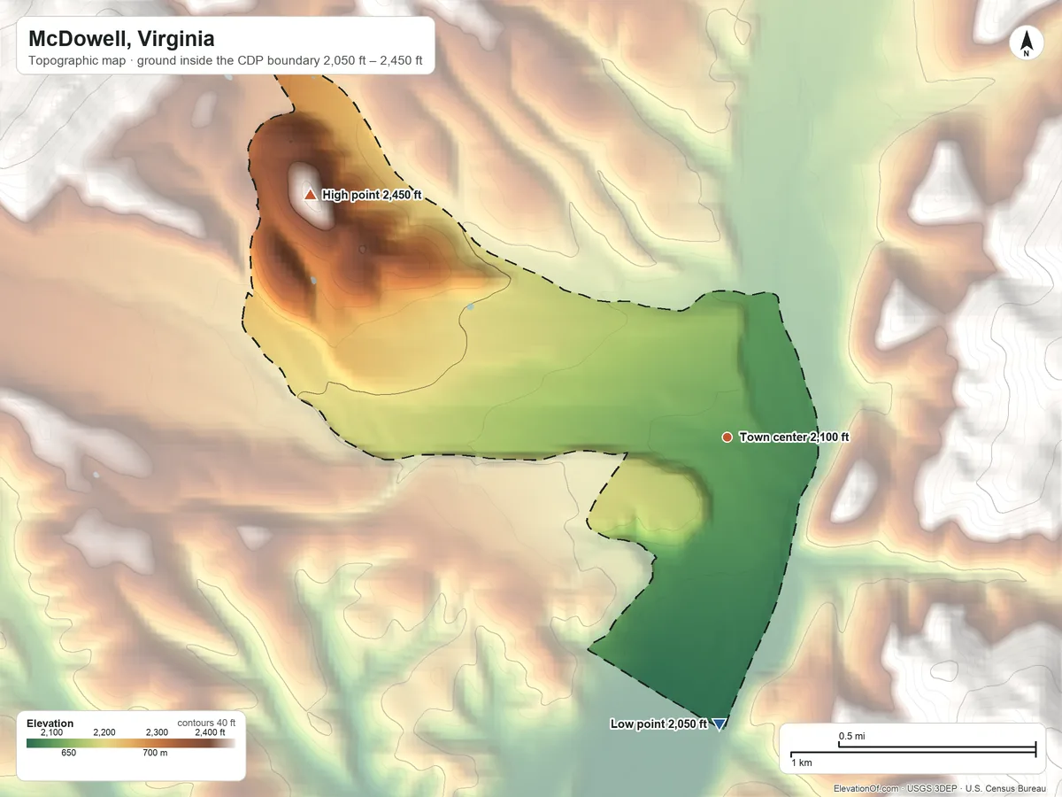 Topographic elevation map of McDowell, Virginia, shaded from 2,050 ft on the south side to 2,450 ft on the northwest edge, below higher ground just outside