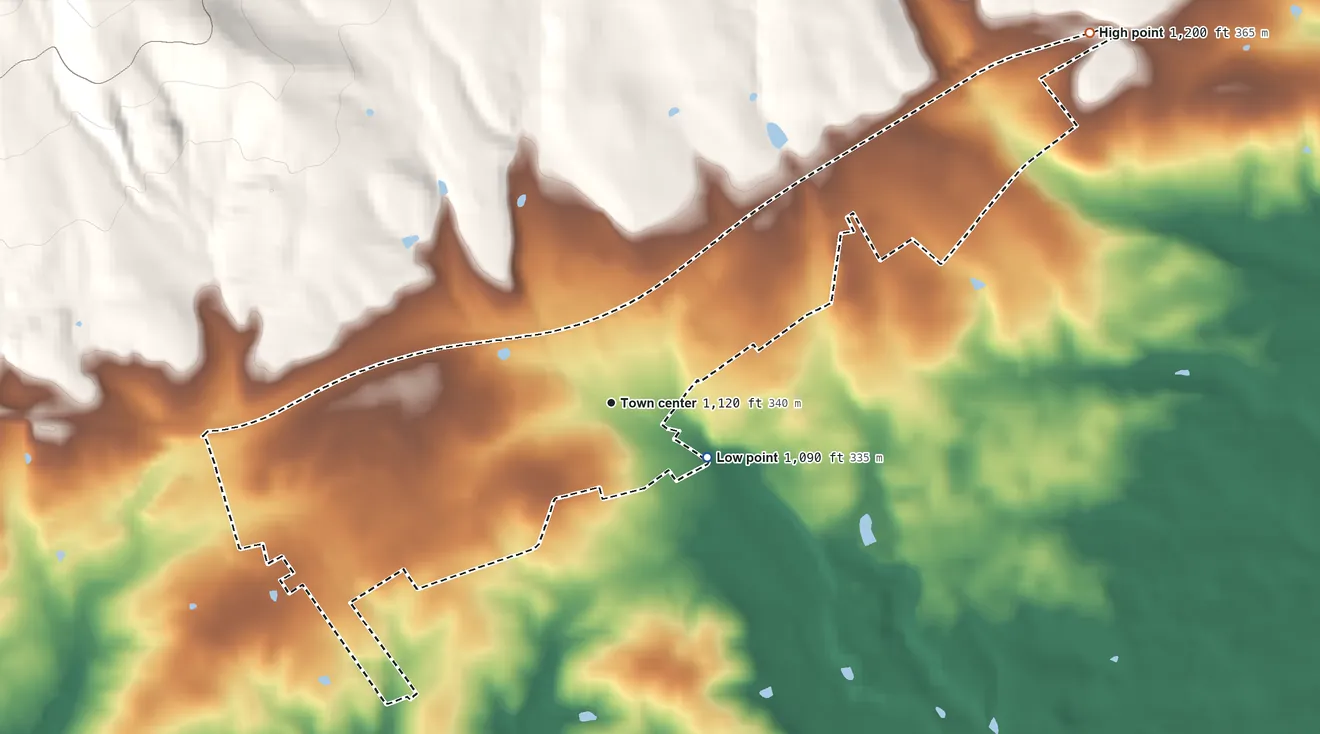 Topographic elevation map of McGaheysville, Virginia, shaded from 1,090 ft near the middle to 1,200 ft on the northeast side