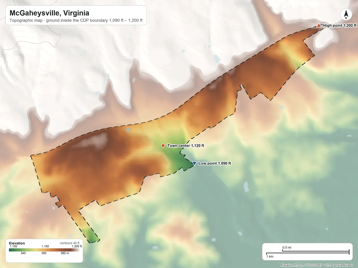 Topographic elevation map of McGaheysville, Virginia, shaded from 1,090 ft near the middle to 1,200 ft on the northeast side
