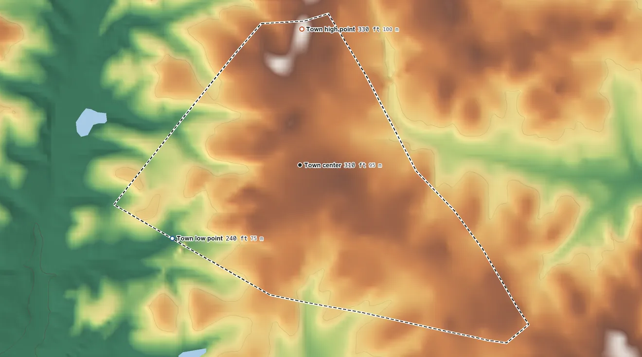 Topographic elevation map of McKenney, Virginia, shaded from 240 ft on the southwest side to 330 ft on the north side