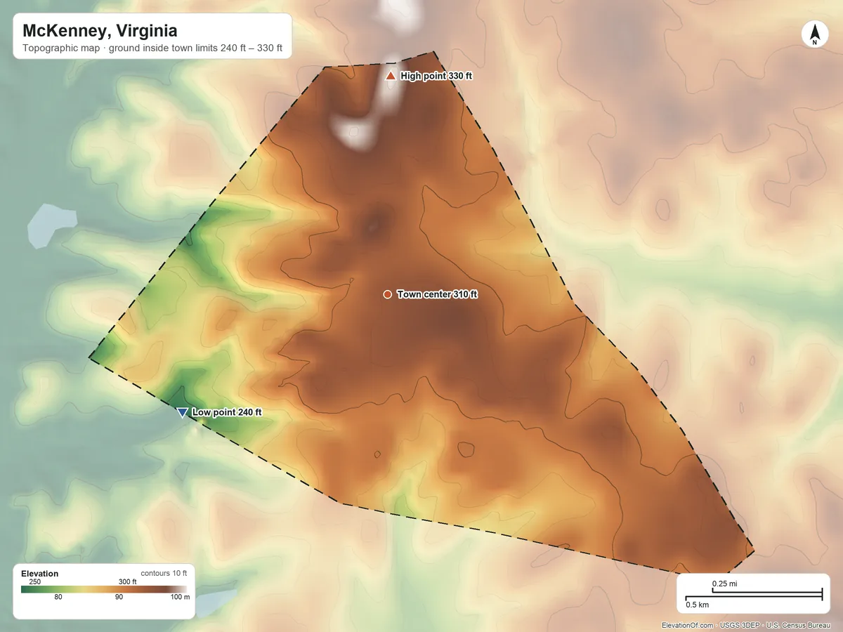 Topographic elevation map of McKenney, Virginia, shaded from 240 ft on the southwest side to 330 ft on the north side