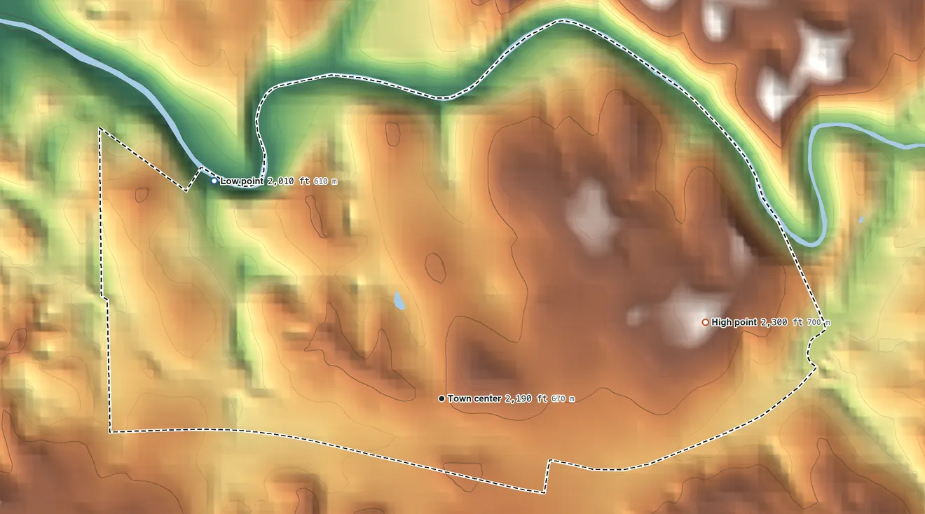 Topographic elevation map of McMullin, Virginia, shaded from 2,010 ft on the northwest side to 2,300 ft on the east side