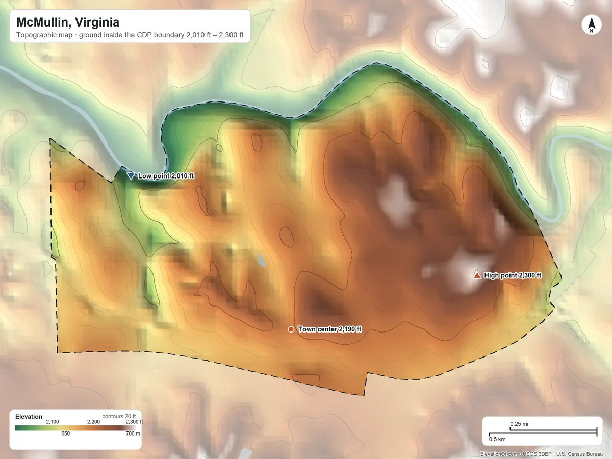 Topographic elevation map of McMullin, Virginia, shaded from 2,010 ft on the northwest side to 2,300 ft on the east side