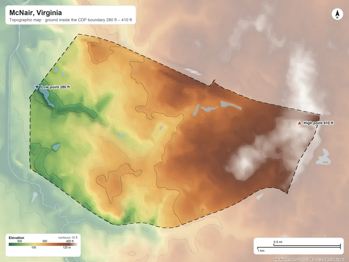 Topographic elevation map of McNair, Virginia, shaded from 280 ft on the northwest side to 410 ft on the east side