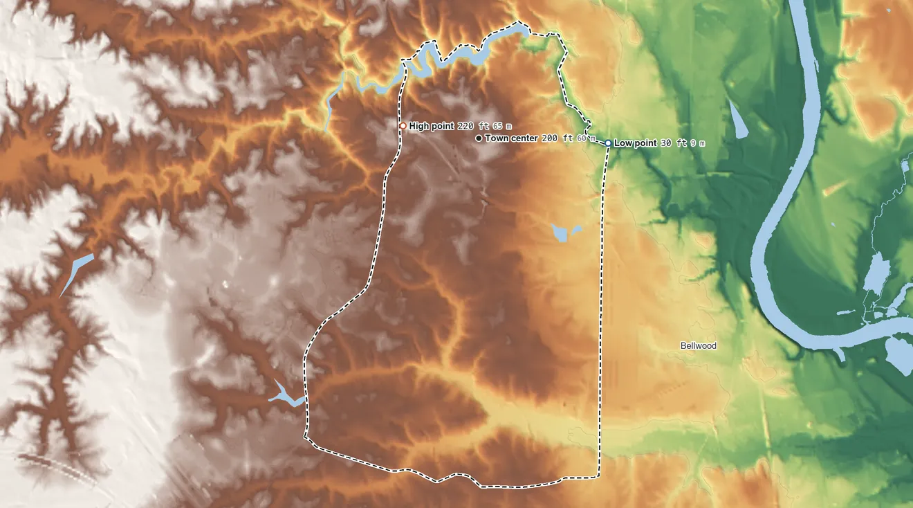 Topographic elevation map of Meadowbrook, Virginia, shaded from 30 ft on the east side to 220 ft on the west side