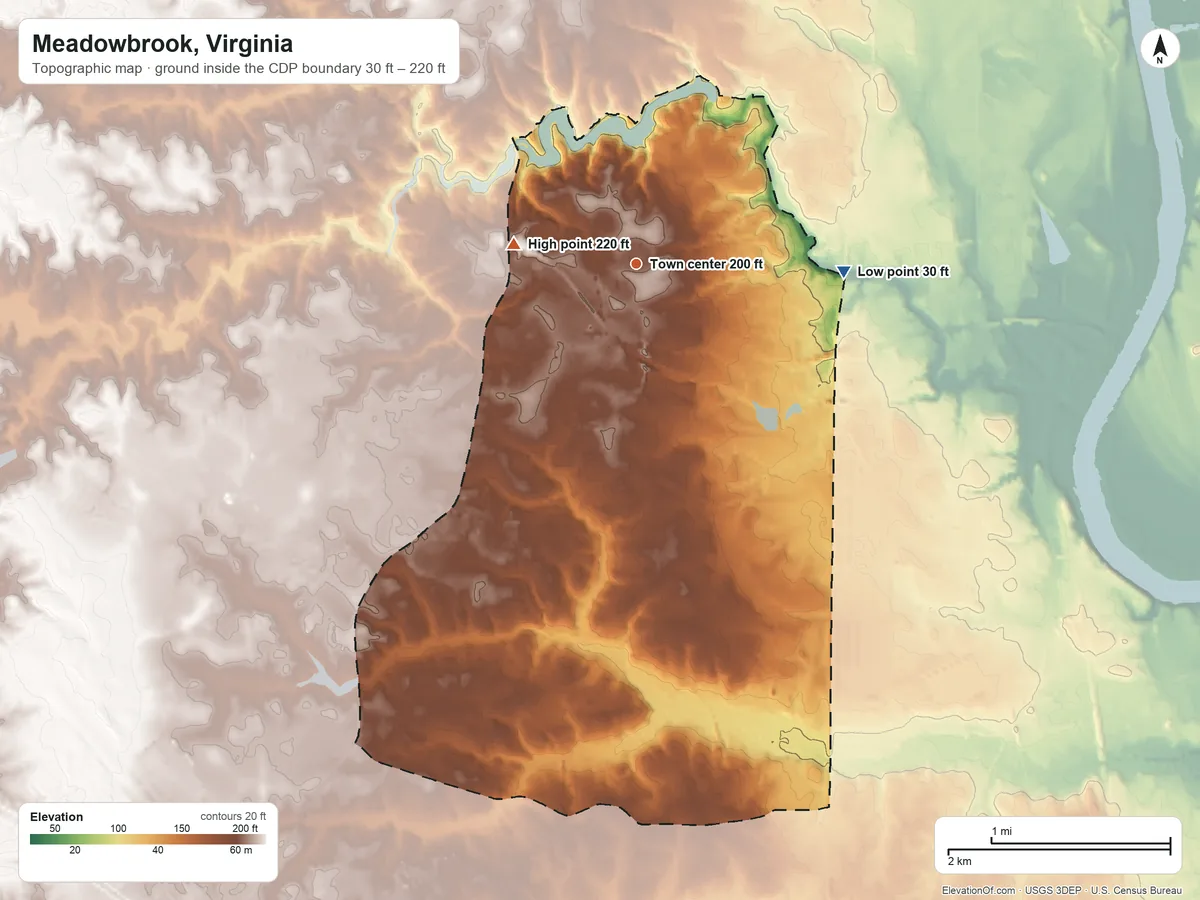 Topographic elevation map of Meadowbrook, Virginia, shaded from 30 ft on the east side to 220 ft on the west side