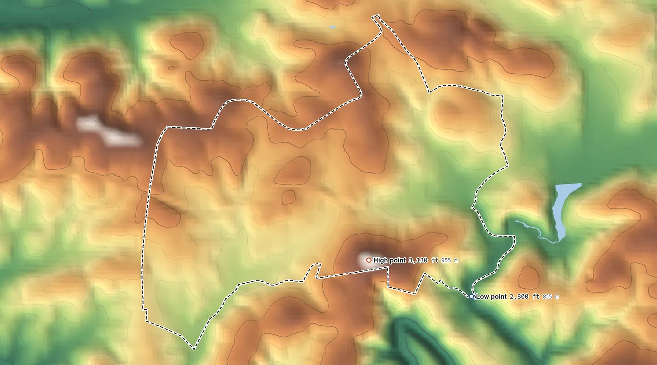 Topographic elevation map of Meadows of Dan, Virginia, shaded from 2,800 ft on the east side to 3,130 ft on the east side
