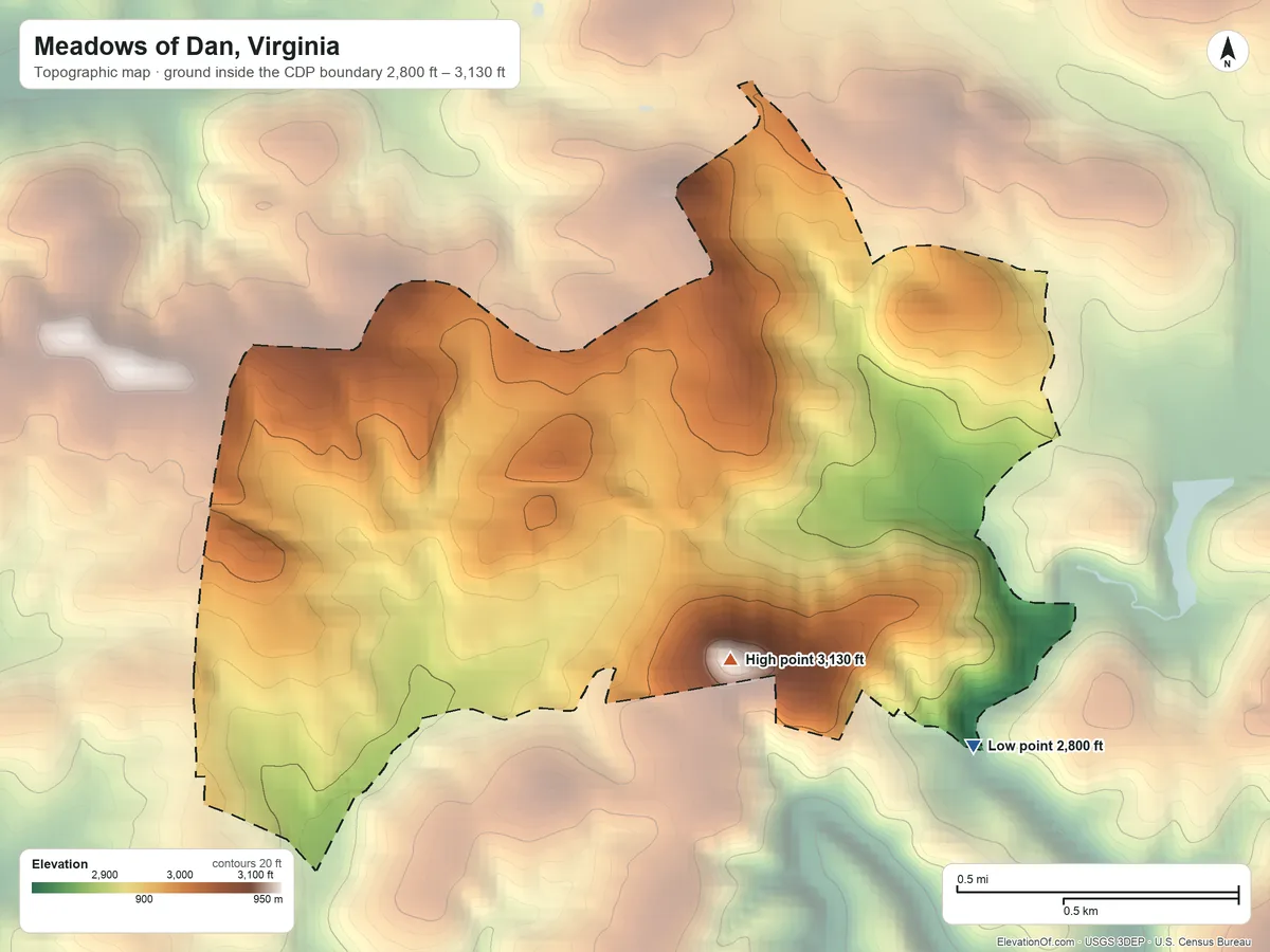 Topographic elevation map of Meadows of Dan, Virginia, shaded from 2,800 ft on the east side to 3,130 ft on the east side
