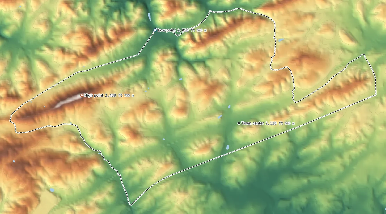 Topographic elevation map of Meadowview, Virginia, shaded from 2,050 ft on the northwest side to 2,480 ft on the west side