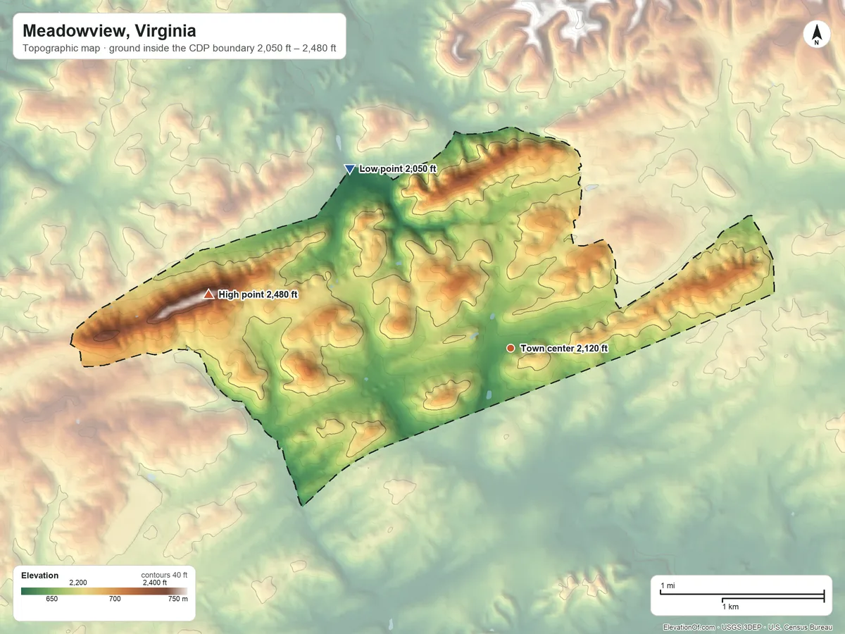 Topographic elevation map of Meadowview, Virginia, shaded from 2,050 ft on the northwest side to 2,480 ft on the west side