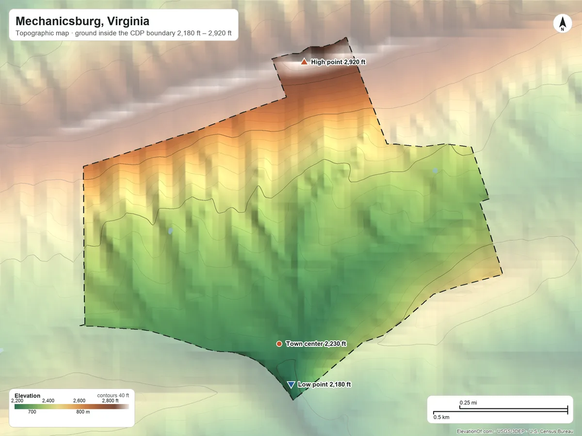 Topographic elevation map of Mechanicsburg, Virginia, shaded from 2,180 ft near the middle to 2,920 ft on the north side