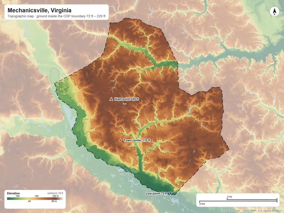 Topographic elevation map of Mechanicsville, Virginia, shaded from 72 ft on the southeast side to 220 ft on the north side