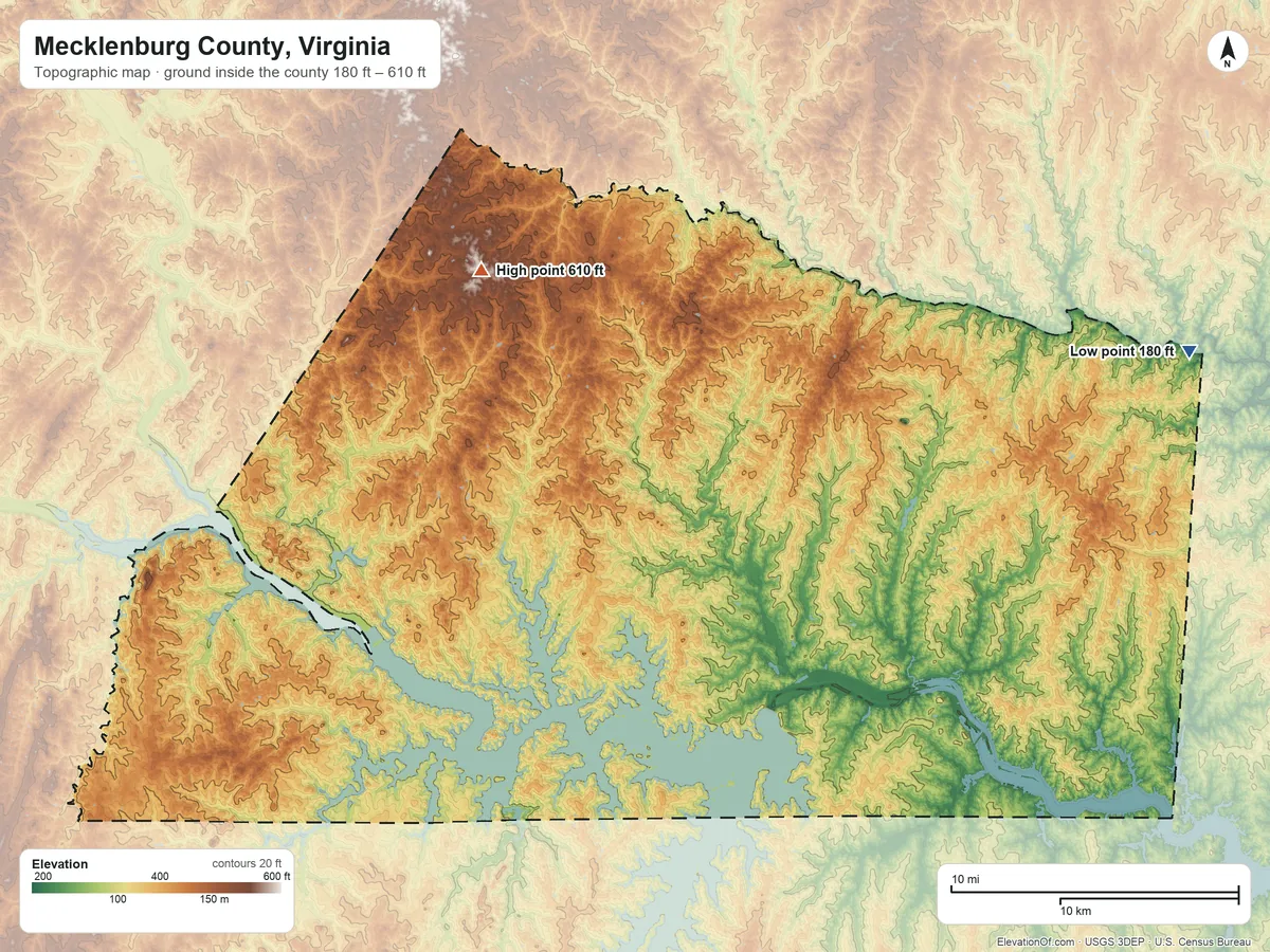 Topographic elevation map of Mecklenburg County, Virginia, shaded from 180 ft on the east side to 610 ft on the northwest side