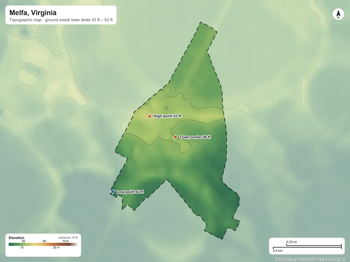 Topographic elevation map of Melfa, Virginia, shaded from 43 ft on the southwest side to 53 ft on the northwest side