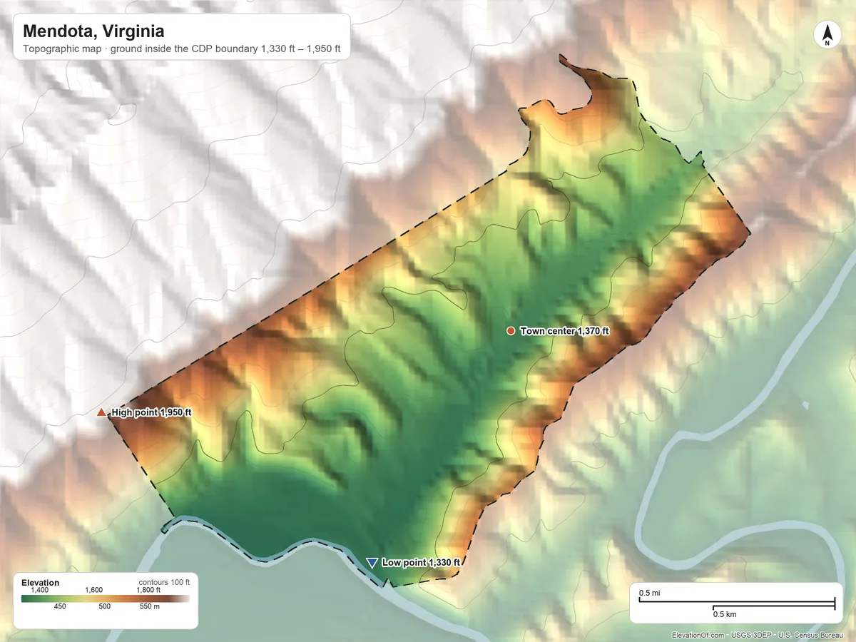 Topographic elevation map of Mendota, Virginia, shaded from 1,330 ft on the southwest side to 1,950 ft at the foot of the Walker Mountain