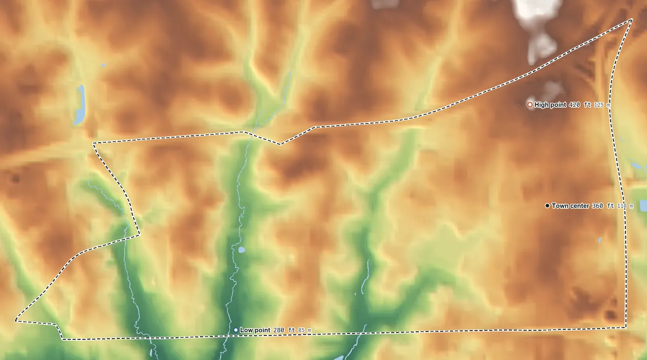 Topographic elevation map of Merrifield, Virginia, shaded from 280 ft on the west side to 420 ft on the north side