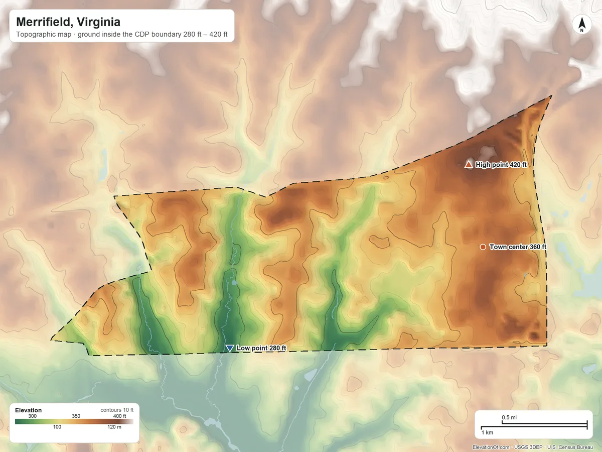 Topographic elevation map of Merrifield, Virginia, shaded from 280 ft on the west side to 420 ft on the north side