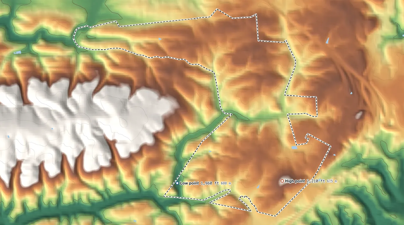 Topographic elevation map of Merrimac, Virginia, shaded from 1,960 ft on the southwest side to 2,210 ft on the southeast side