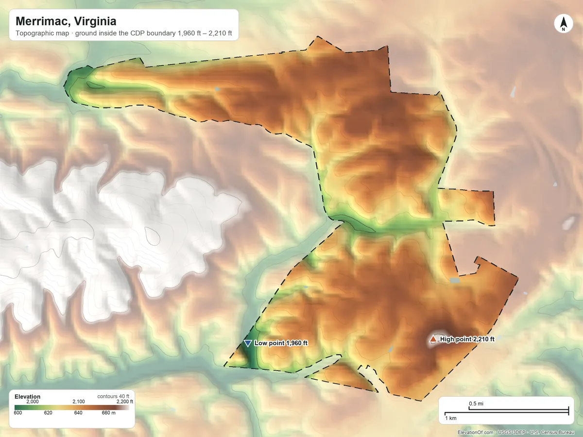 Topographic elevation map of Merrimac, Virginia, shaded from 1,960 ft on the southwest side to 2,210 ft on the southeast side