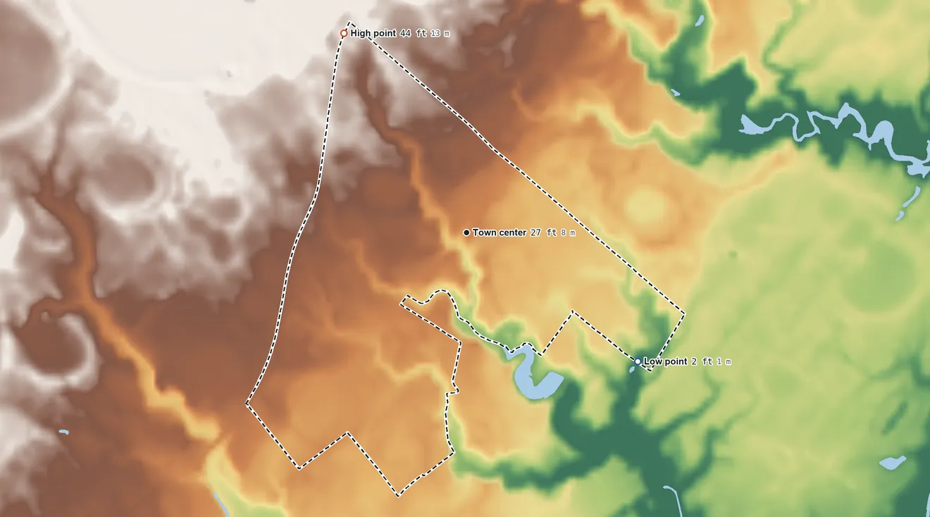 Topographic elevation map of Metompkin, Virginia, shaded from 2 ft on the southeast side to 44 ft on the northwest side