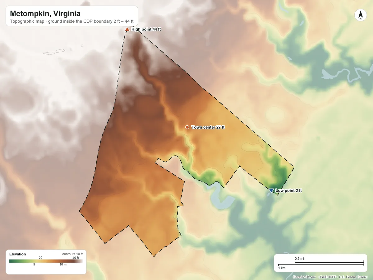 Topographic elevation map of Metompkin, Virginia, shaded from 2 ft on the southeast side to 44 ft on the northwest side