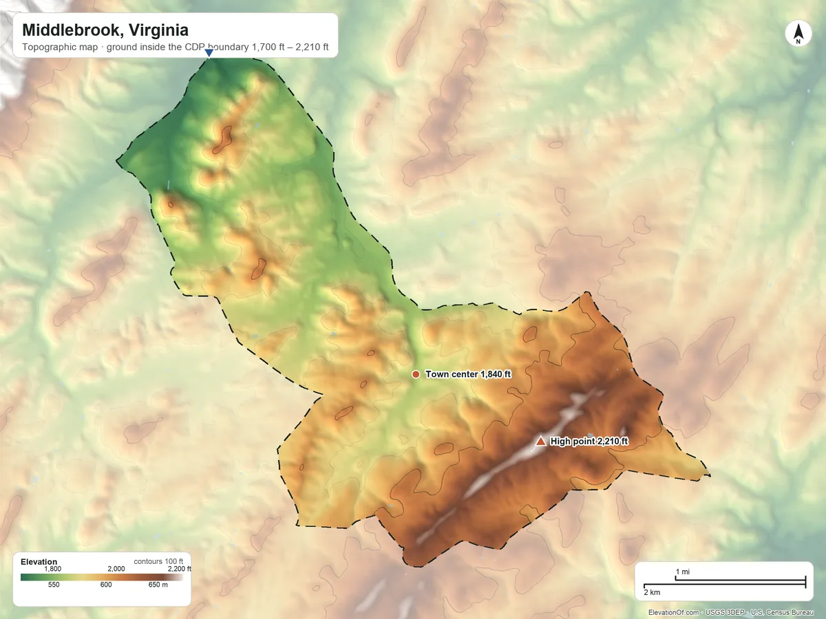 Topographic elevation map of Middlebrook, Virginia, shaded from 1,700 ft on the northwest side to 2,210 ft on the southeast side