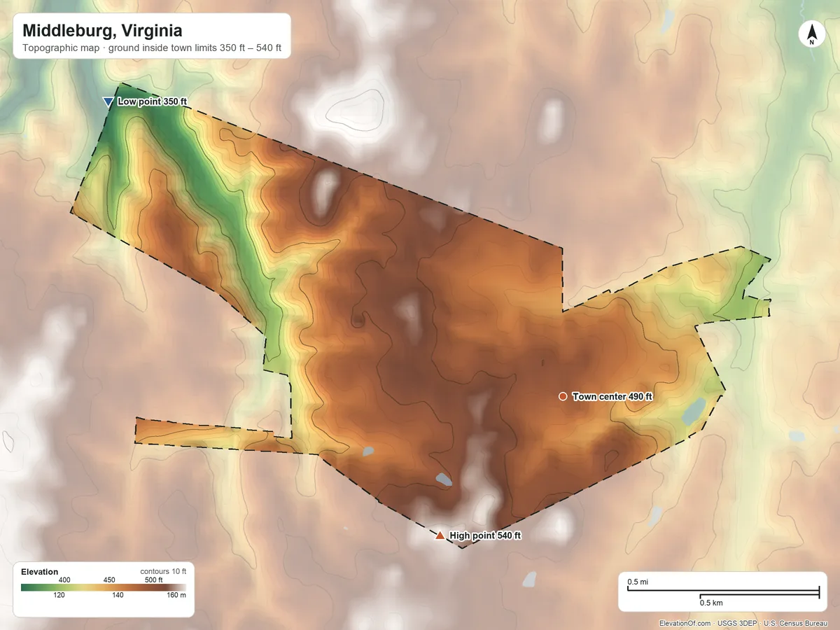 Topographic elevation map of Middleburg, Virginia, shaded from 350 ft on the northwest side to 540 ft on the southwest side