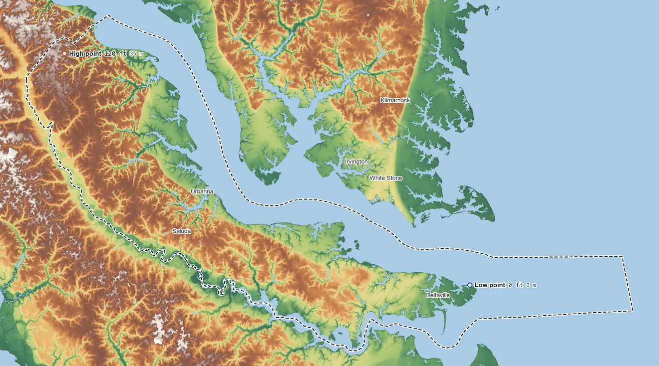 Topographic elevation map of Middlesex County, Virginia, shaded from sea level on Chesapeake Bay to 120 ft on the northwest side