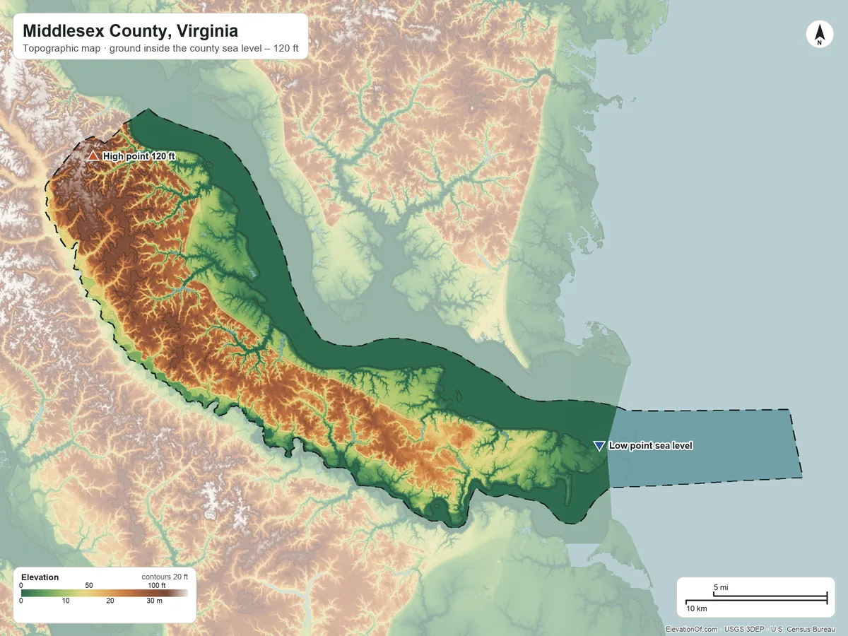 Topographic elevation map of Middlesex County, Virginia, shaded from sea level on Chesapeake Bay to 120 ft on the northwest side