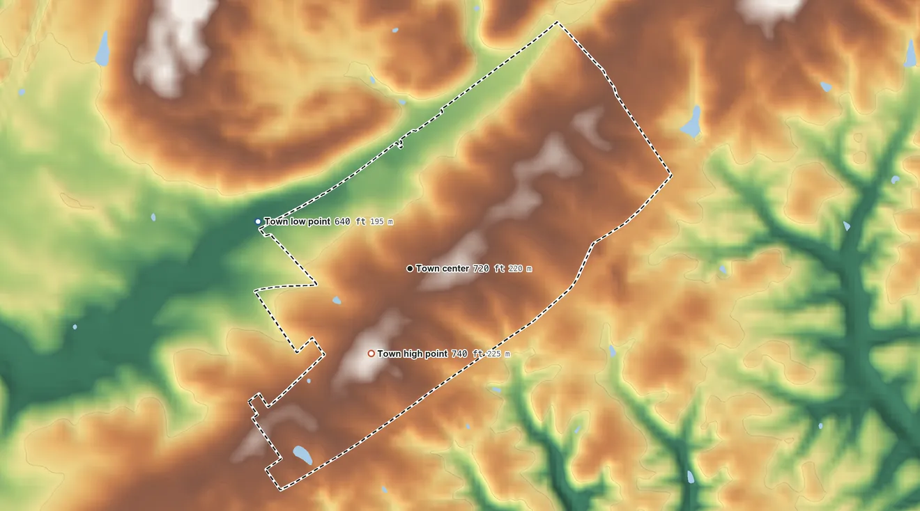 Topographic elevation map of Middletown, Virginia, shaded from 640 ft on the west side to 740 ft on the southwest side