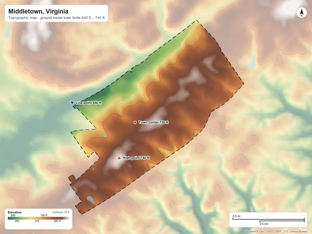 Topographic elevation map of Middletown, Virginia, shaded from 640 ft on the west side to 740 ft on the southwest side
